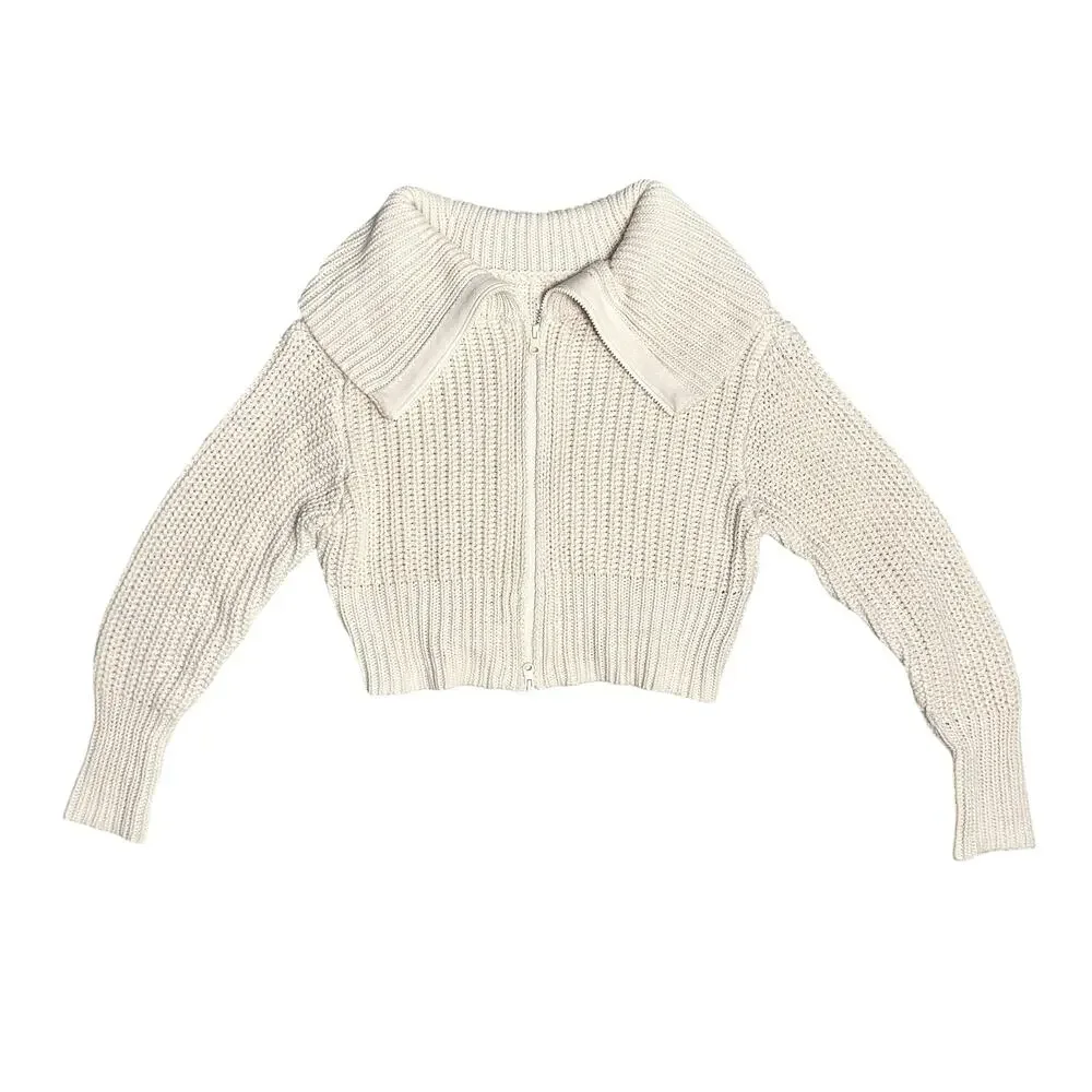 Aerie | Women | Double Zip Cream Ribbed Cotton Yarn Cropped Cardigan | Small